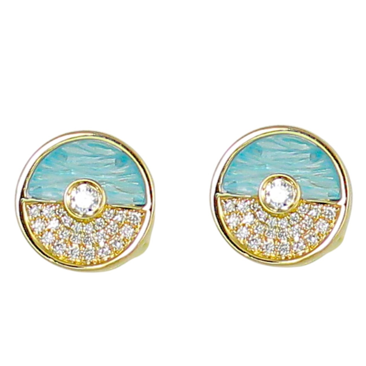 Yellow Gold, blue topaz, and diamond hand carved earrings